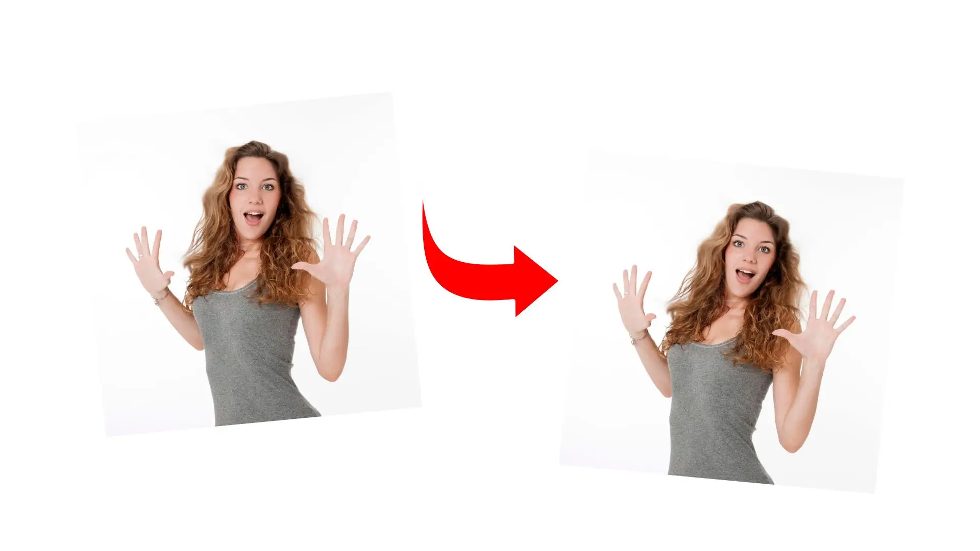 A woman expresses surprise or excitement, raising her hands in a playful gesture.