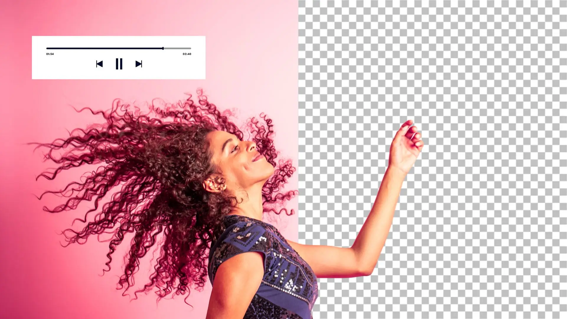 A woman with curly hair holds her phone up, smiling as she captures a moment or takes a selfie.