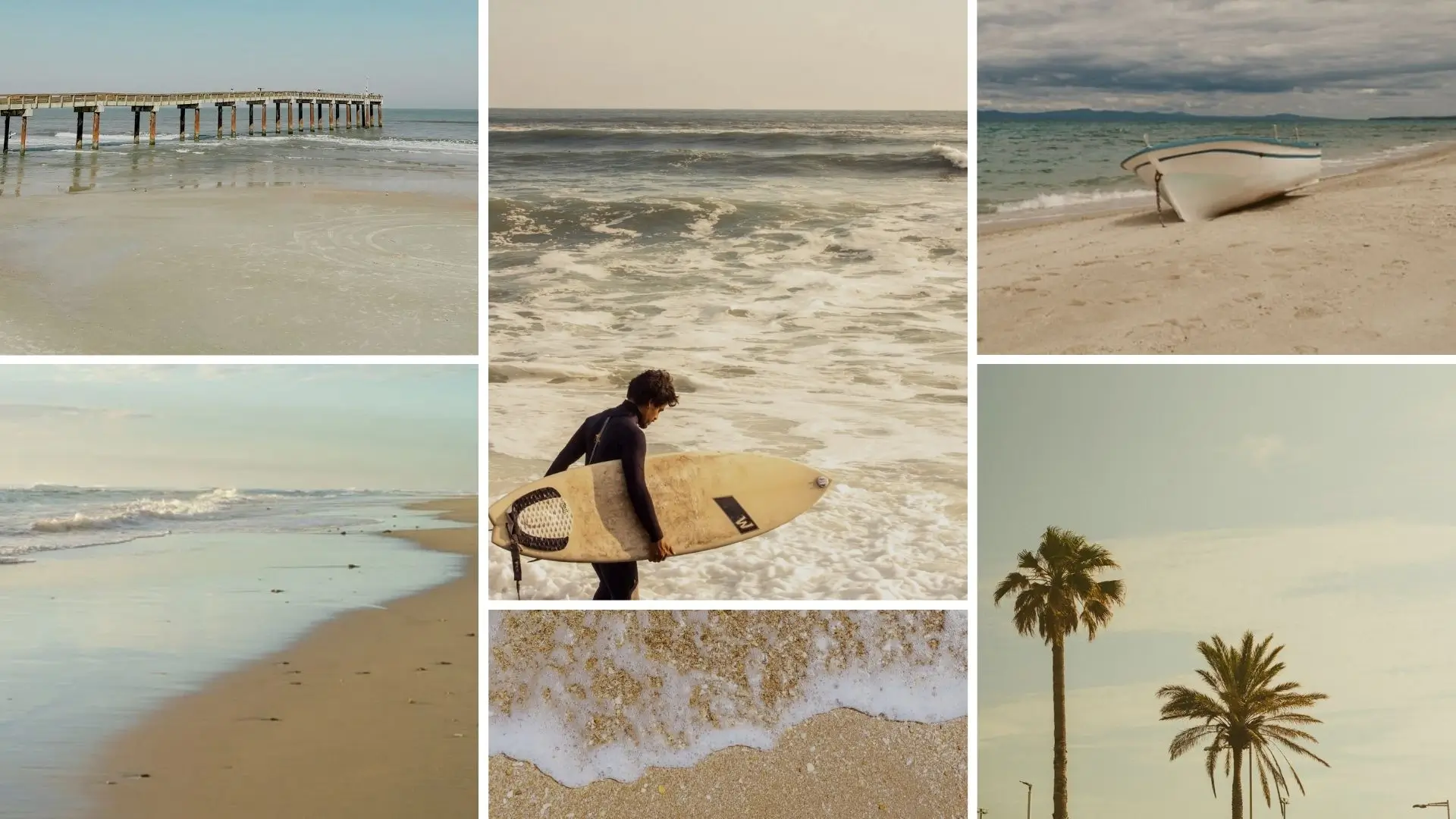 A collage featuring a beach, a pier, and a man holding a surfboard, capturing a vibrant coastal scene.