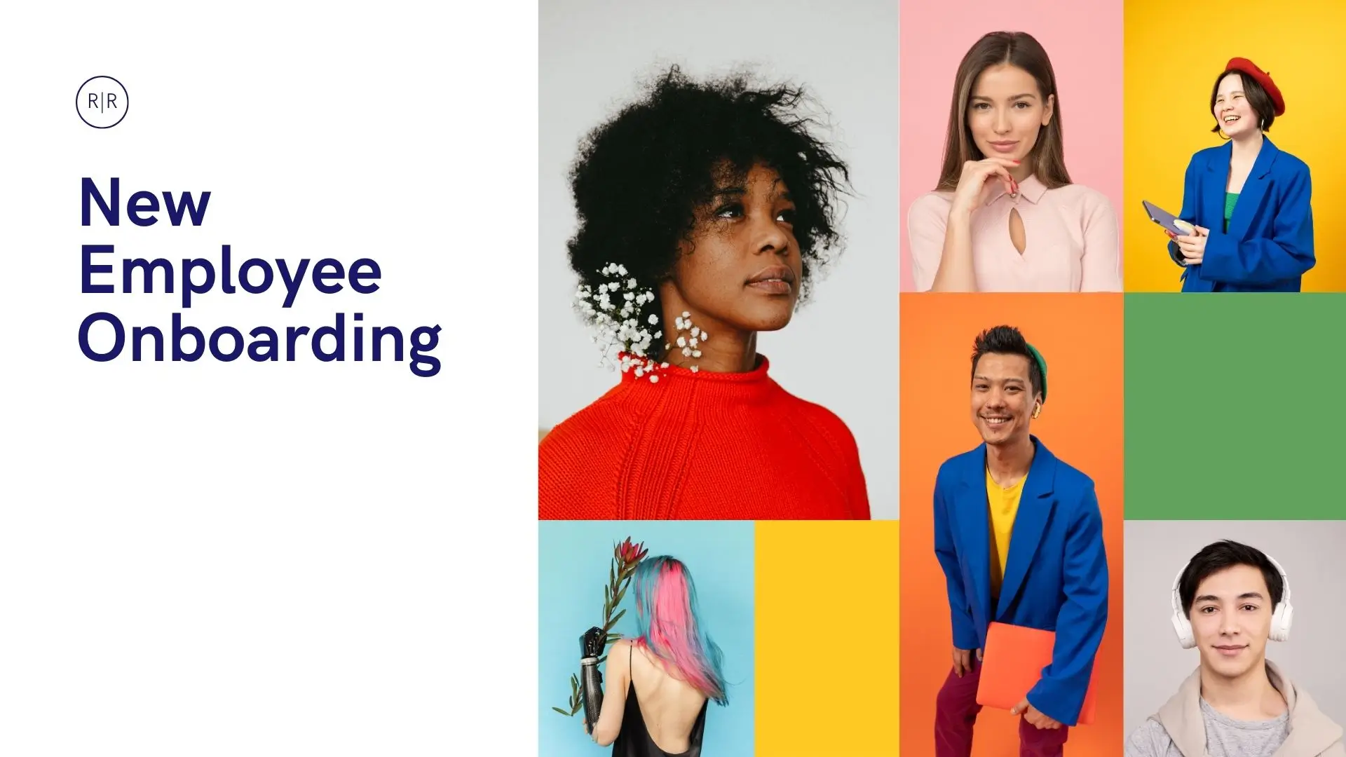A diverse group of individuals smiling, surrounded by the text "New Employee Onboarding" in a vibrant collage format.