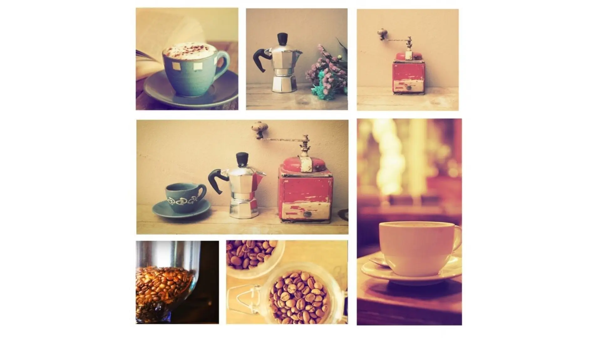 A collage featuring various coffee types and a coffee maker, showcasing the art of brewing and enjoying coffee.