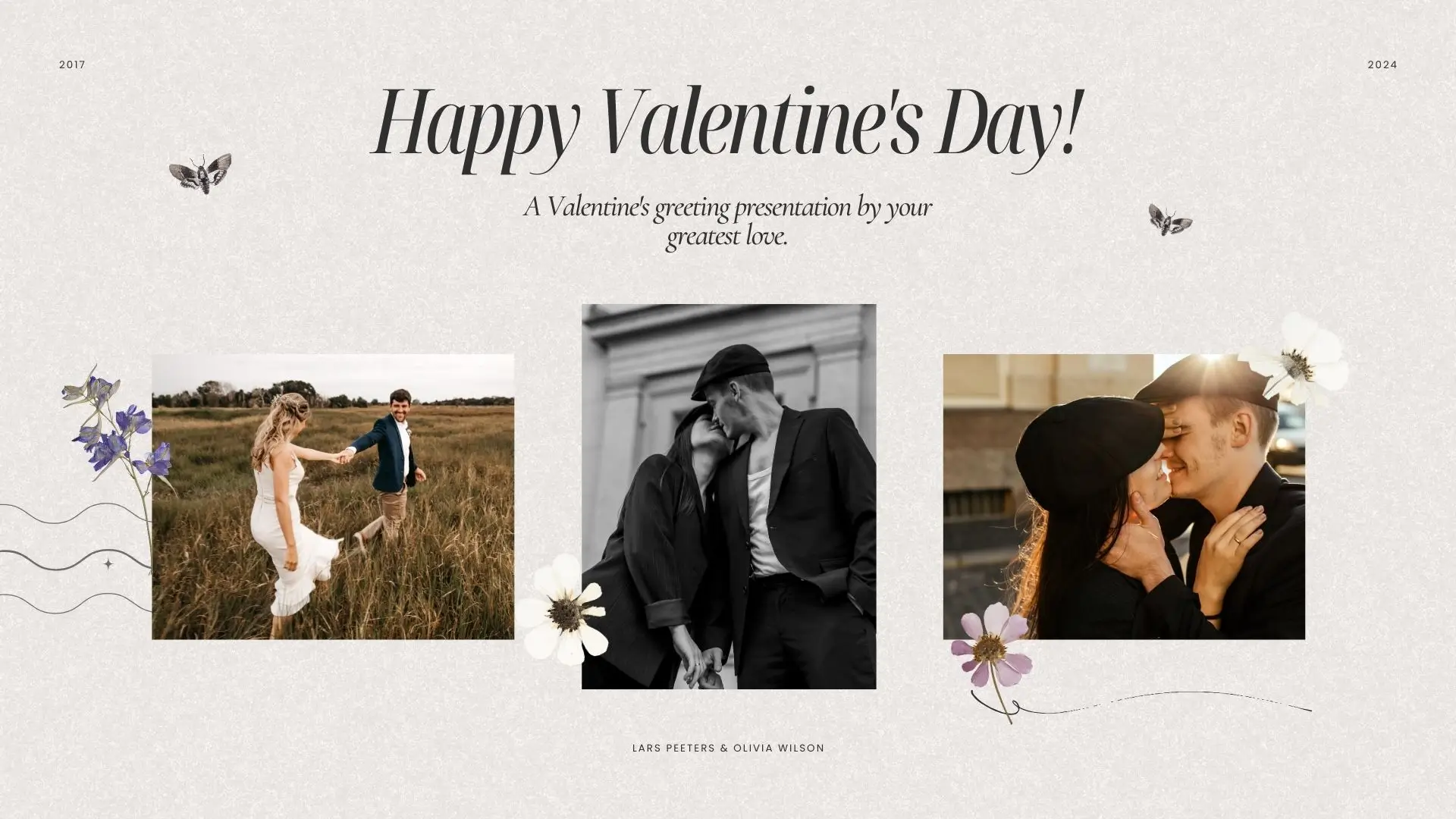 A cheerful Valentine's Day website featuring photos of a joyful couple celebrating their love together.