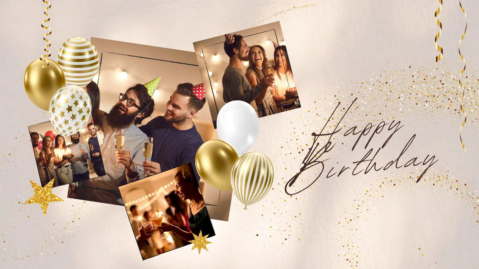 A cheerful birthday card featuring a couple's photo surrounded by colorful balloons.